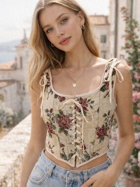 🌹 Romantic Coquette Floral Corset Top Lace Up Cottagecore Bustier